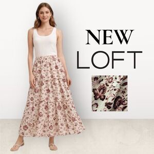 New LOFT Floral Tiered Maxi Skirt Pink White Floral Metallic Thread M #561934